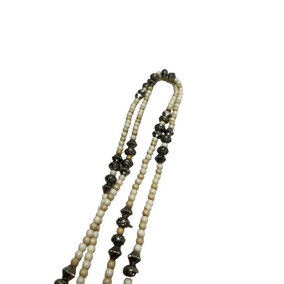 Long Boho Western Style Beaded Necklace Cream and Silver 30 inch - Picture 2 of 4
